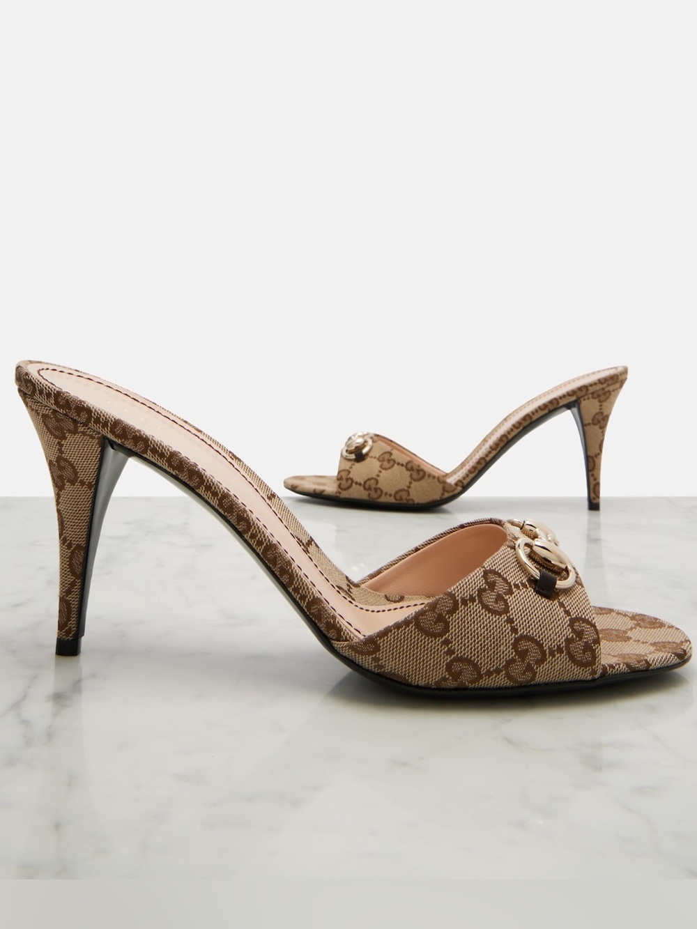New Gucci Erin 85MM GG Canvas Horsebit Sandals 37.5 $990
